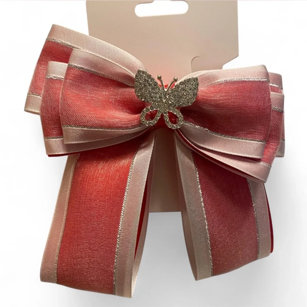 Hand crafted Red and Silver Butterfly Bow Hair Clip